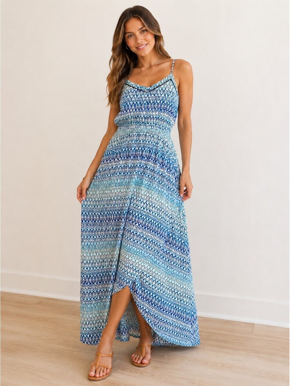 Sanctuary Blue Aqua Geometric Maxi Dress Sleeveless Tie Back Lined Size M